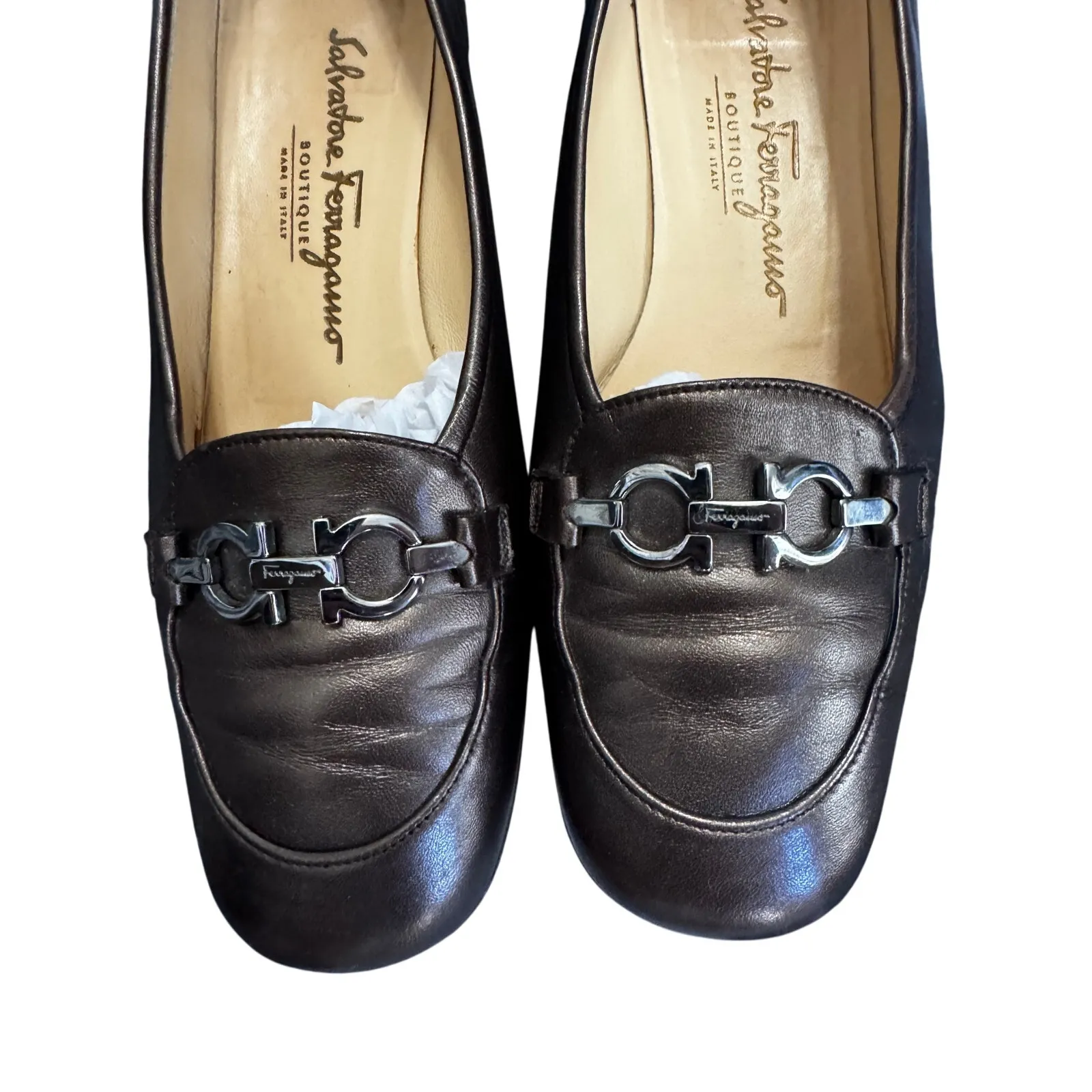 Salvatore Ferragamo Metallic Brown Leather Gancini Loafers Women 8.5 E Horsebit - Image 4