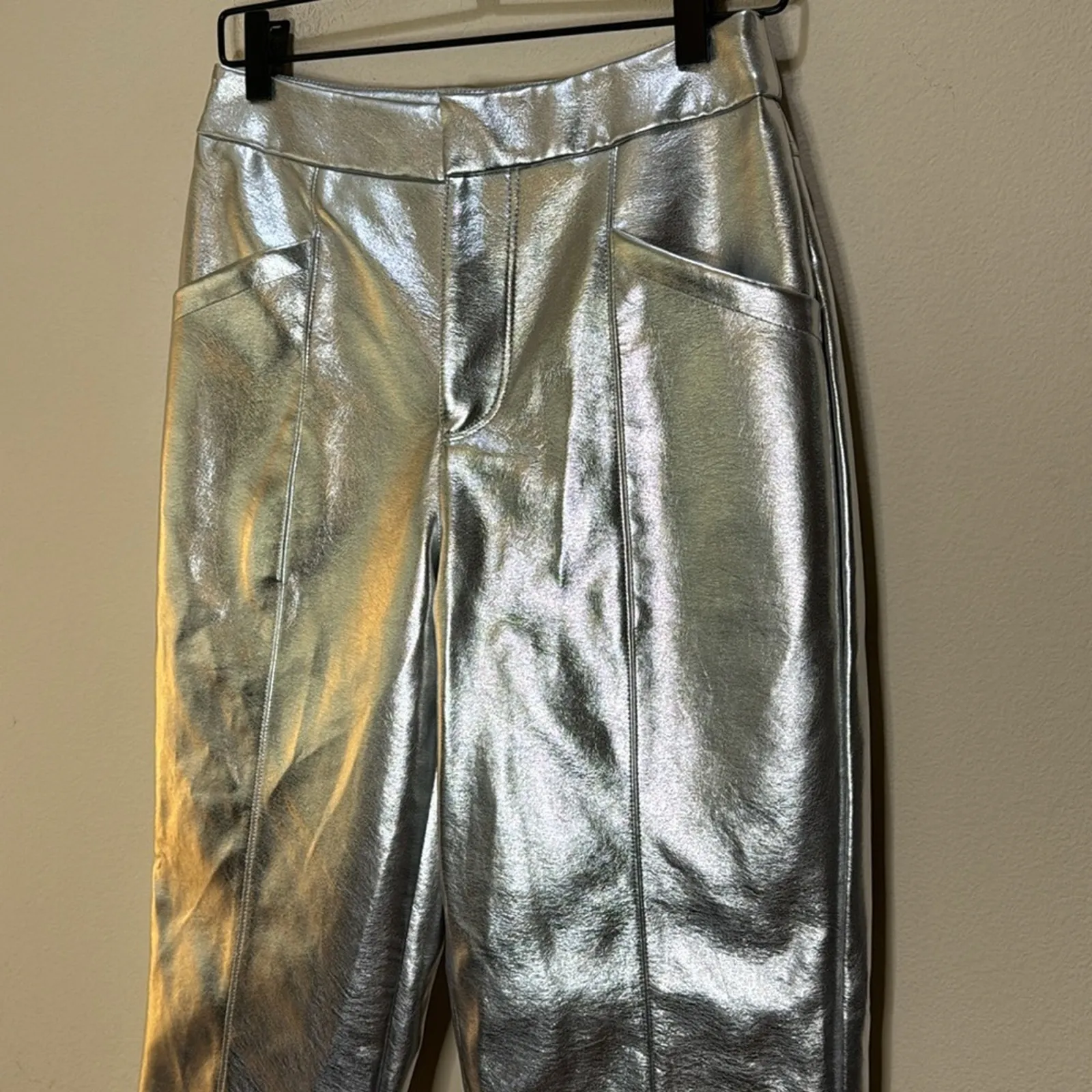 Avec Les Filles Faux Leather High Waist Crop Wide Leg Pants - Metallic Silver S - Image 4