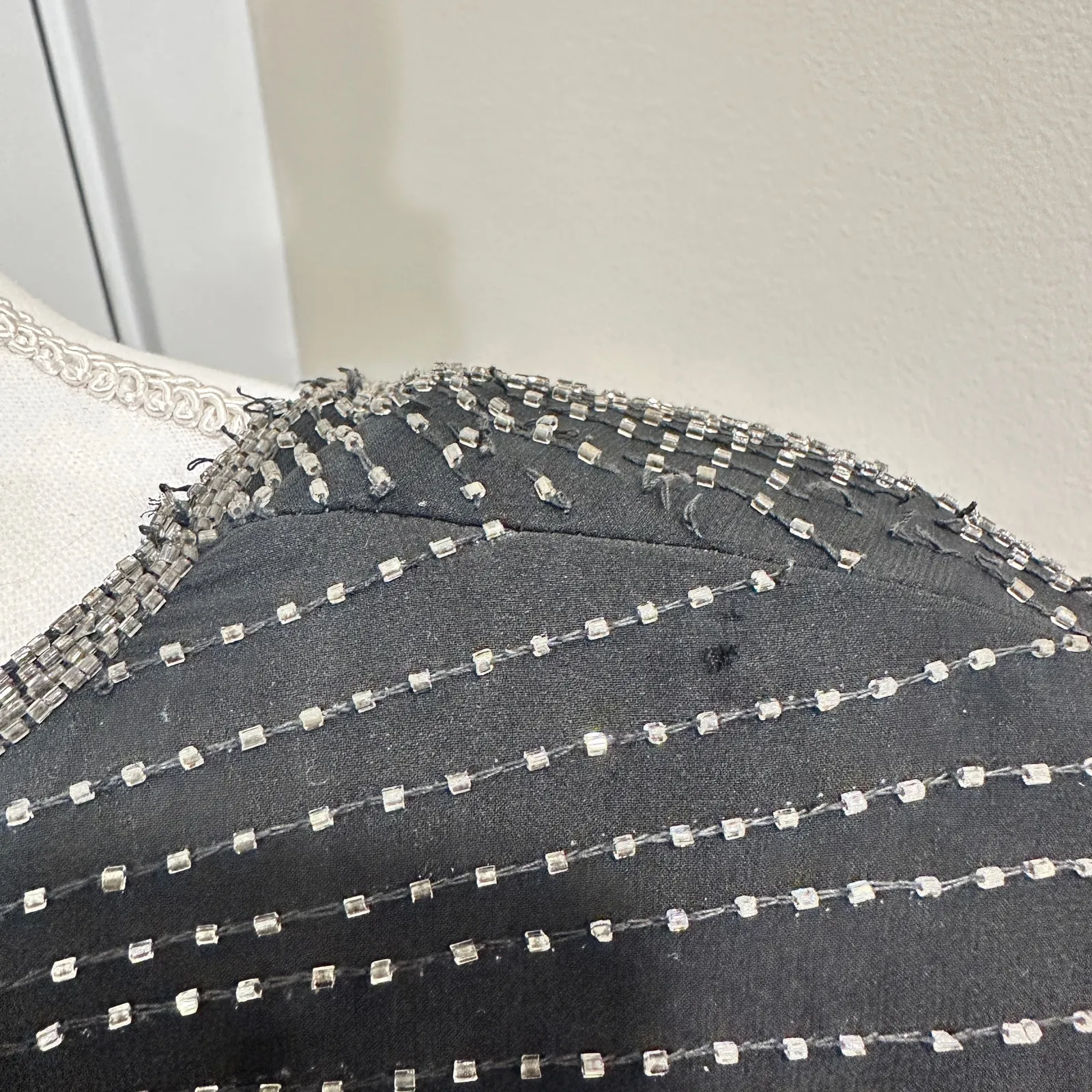 Vintage 80s Stenay Woman Black Silk Beaded Sequin Cocktail Shift Dress Art Deco Size 14 - Image 9