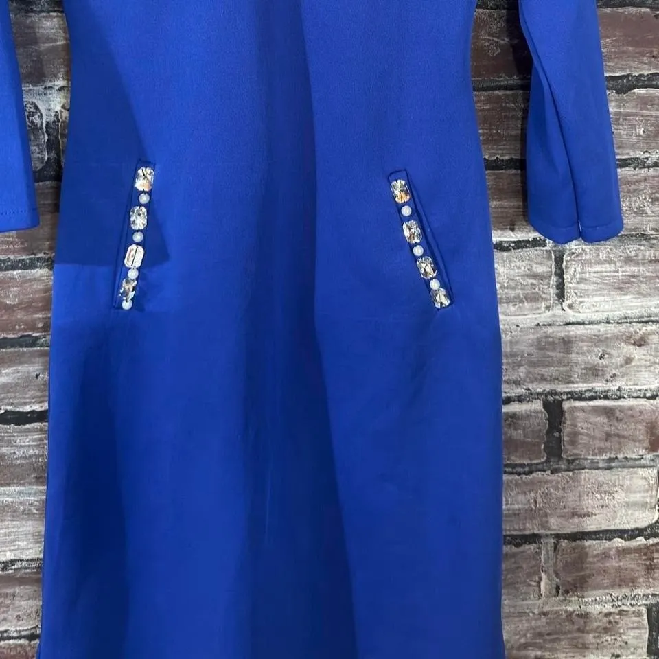 Y2K Blue Embellished Mini Dress – Womens Small – Rhinestone Mock Neck - Image 2