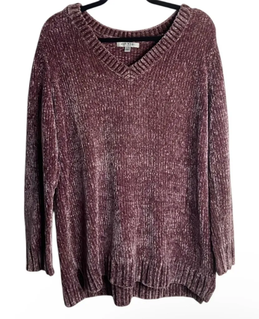 Orvis Size Xl Chenille Crushed Velvet Pullover V-Neck Sweater Mauve Pink Ribbed - Image 1