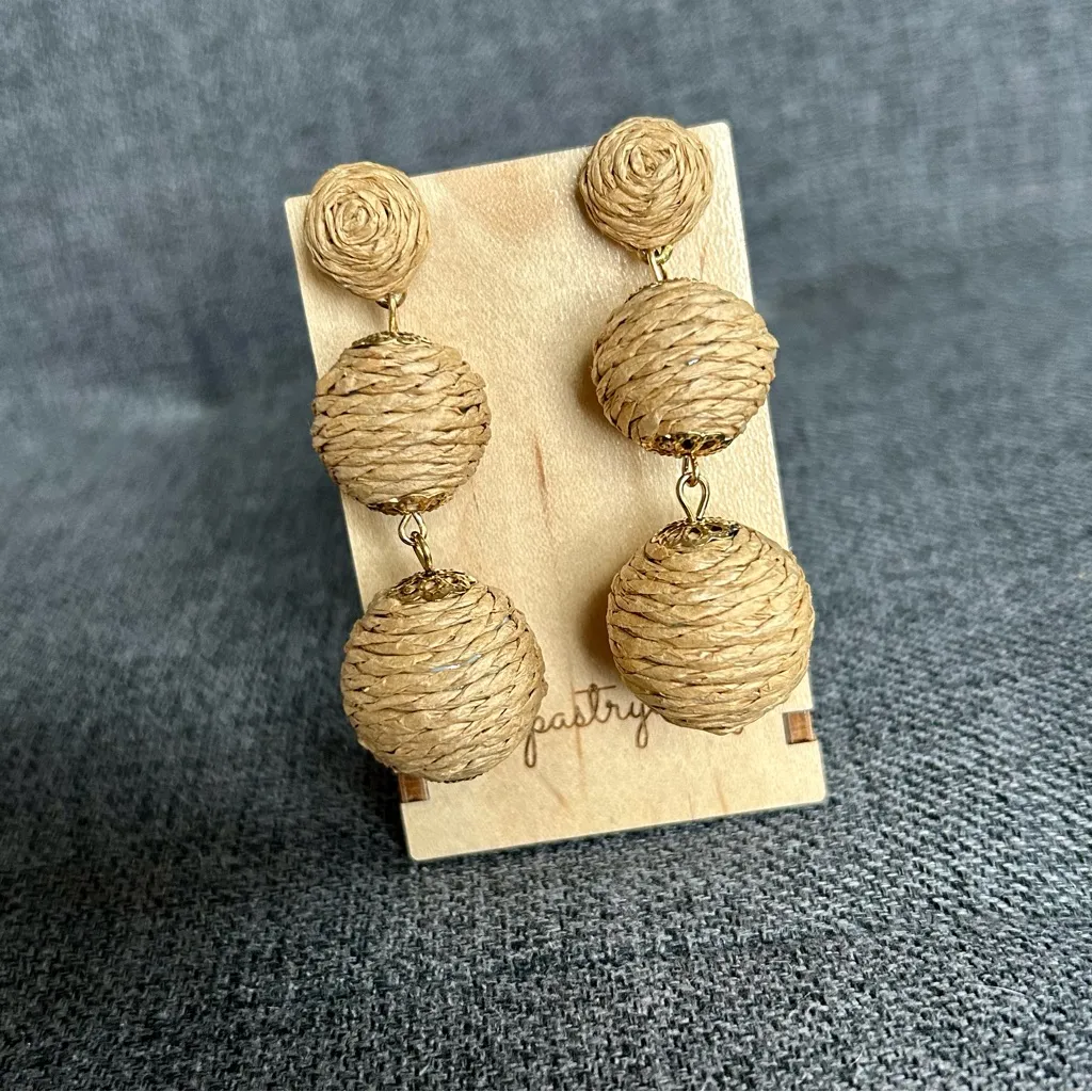 Rattan Covered, Dangling Drop Sphere Stud Earrings, Tan, Gold Tan - Image 3