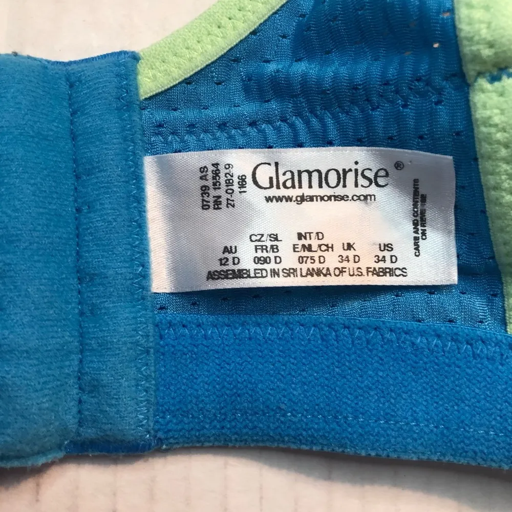 Glamorise Sports Bra Elite Performance Double Layer Bra Blue & Green Sz 34D GUC - Image 12