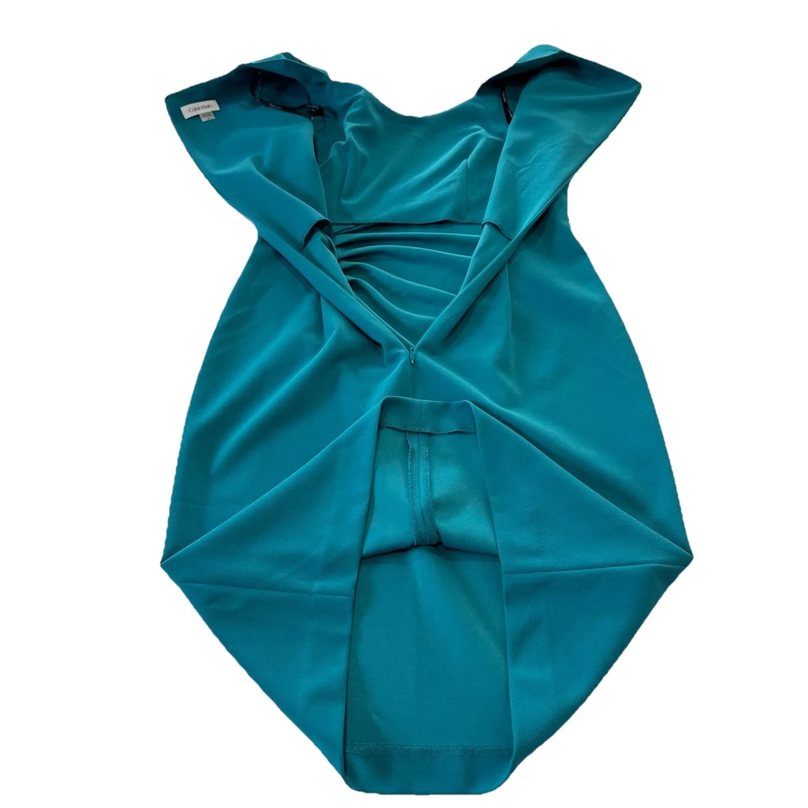 Calvin Klein Teal Side‎ Ruched Horseshoe Neck Sleeveless Crepe Sheath Dress 6 - Image 8