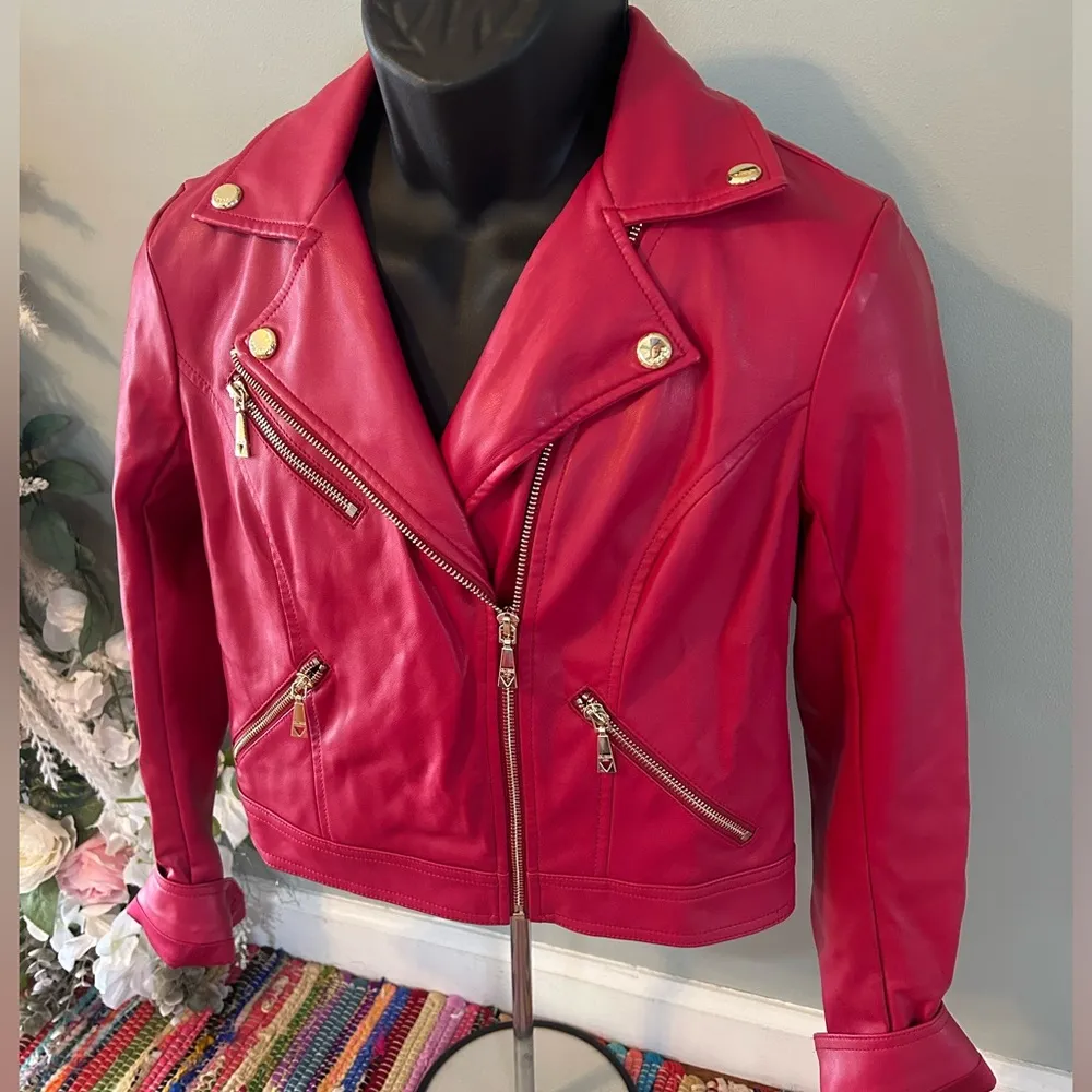 NEW Guess Zipper Leather Jacket Premium Red Small - Image 3
