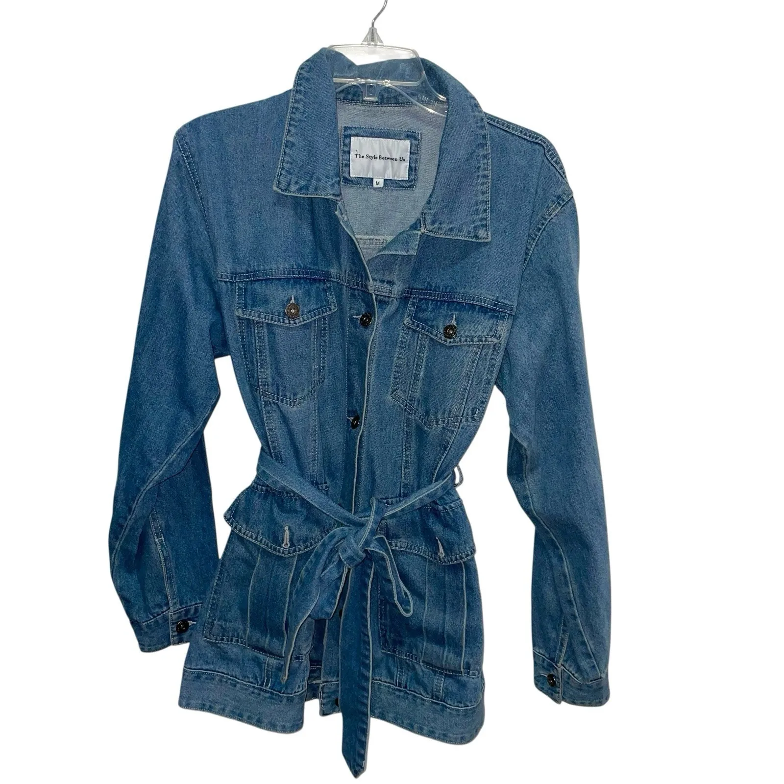 Women Denim Utility Jacket Belted Military Jean Coat Long Sleeve Blue Size M Size M - Image 7