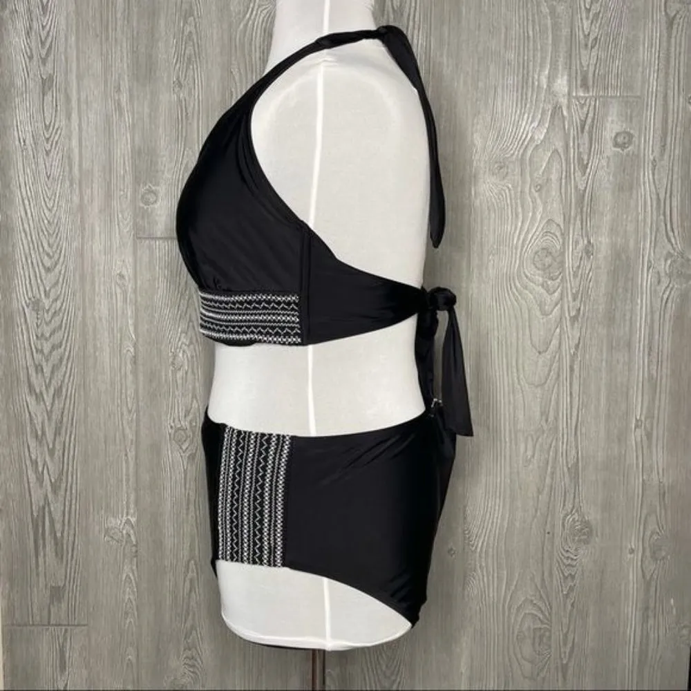 Kona sol black embroidered aztec chevron design halter bikini top & bottoms 24w - Image 6