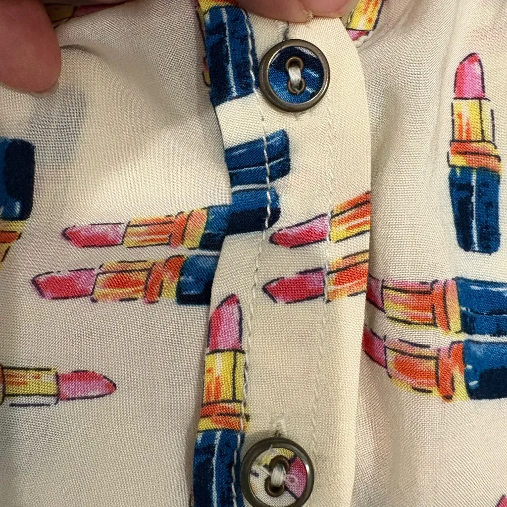 Maeve (Anthropologie) Lipstick Print Halter Blouse - Cream and Blue Size 6 - Image 4