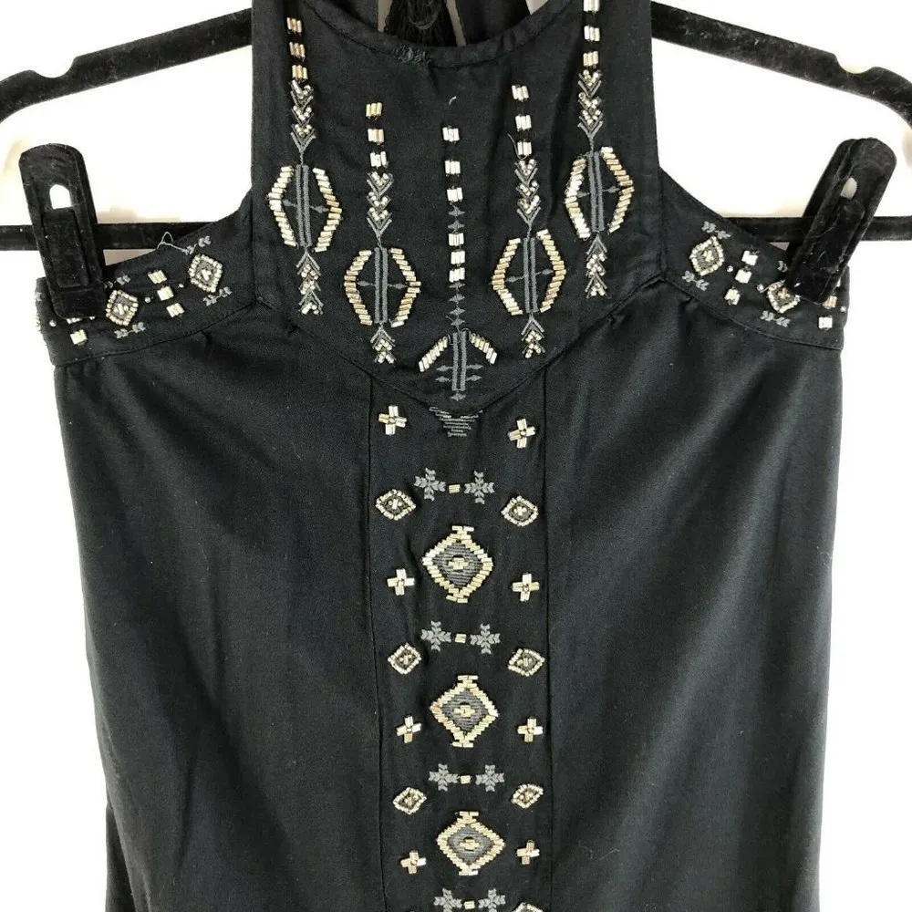 Hollister Mini Shift Dress Beaded Strappy Tie Back Tassel Black Size S - Image 2