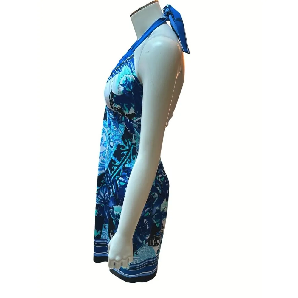Cache Halter Dress Size 8 Blue Floral Print Polyester Spandex - Image 2