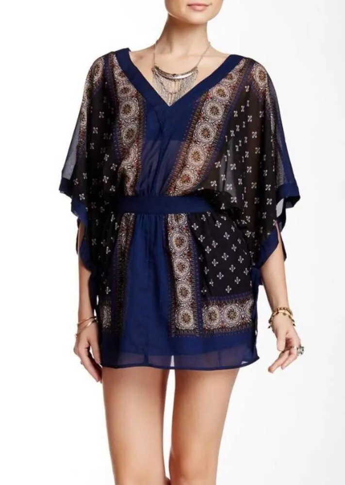 FREE PEOPLE Womens Boho Printed Kimono Tied Sleeve V-Neck Mini Dress Size XS - Image 9