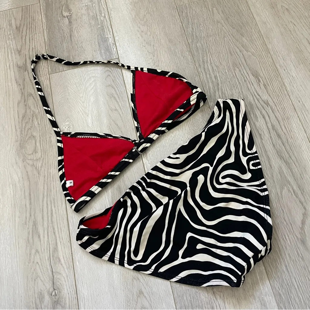 Y2K Bikini Swimsuit animal zebra print halter womens Black White size 8 - Image 2