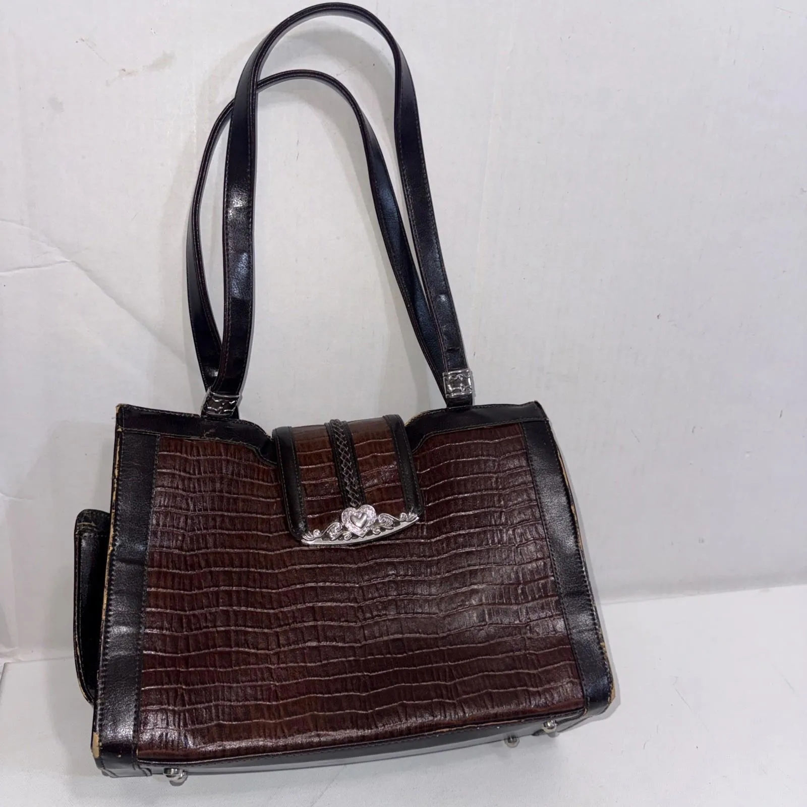 Brighton Style Gorpcore Y2K Handbag Brown Croc Leather Trim Silver Hearts Purse - Image 2