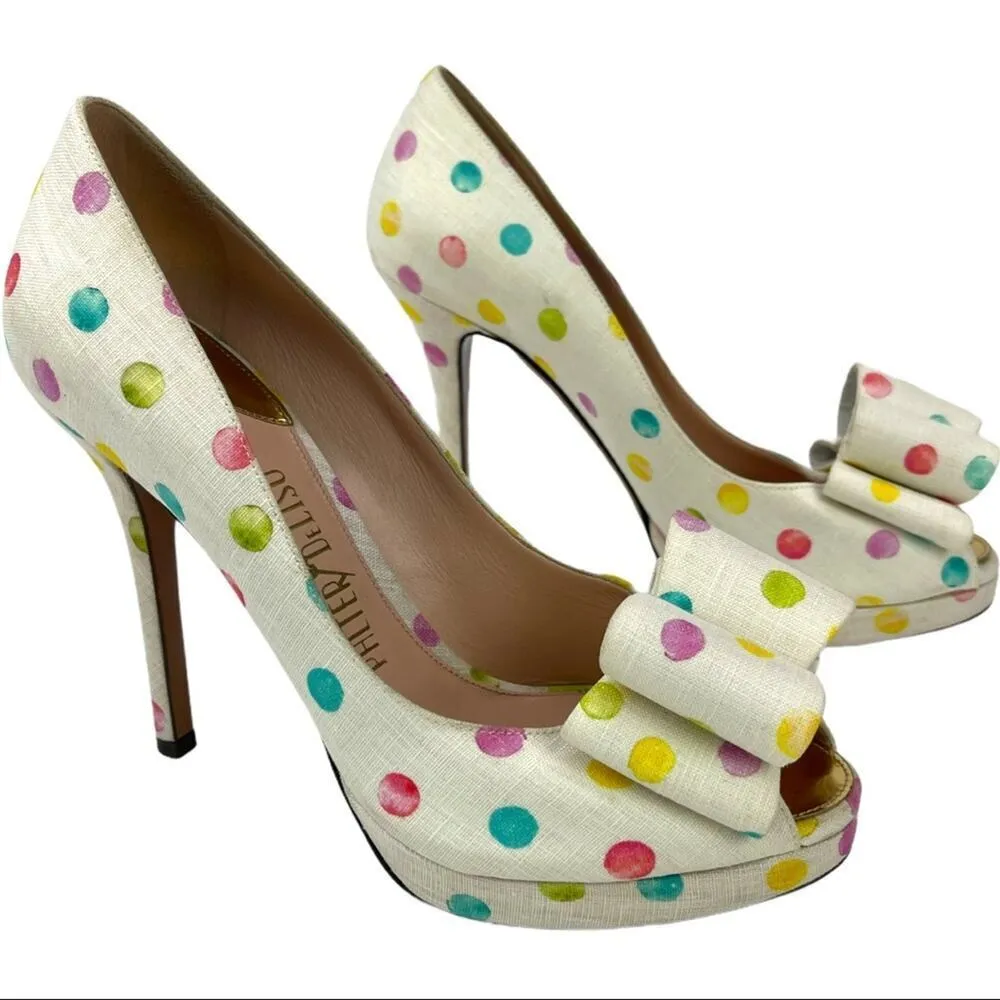 Palter DeLiso Polka Dot Bow Platform Heels 7.5 White - Image 15