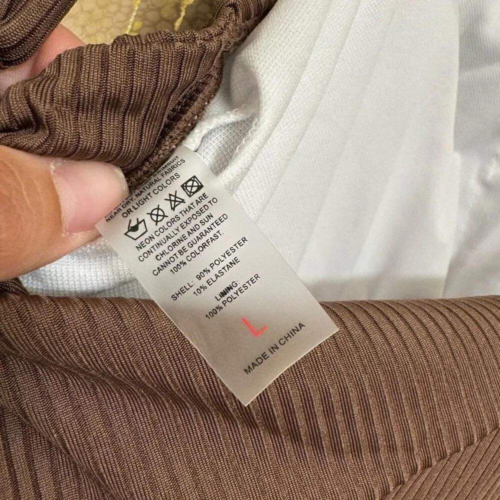 Women's Brown Ribbed One Piece Ruched Side Tie Swimsuit Med NWOT Size L - Image 5