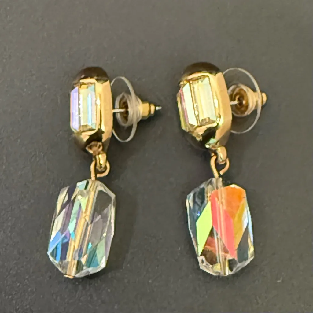 Vintage SWAROVSKI Swan Signed Gold-tone Aurora Borealis AB Crystal Drop Earrings - Image 3