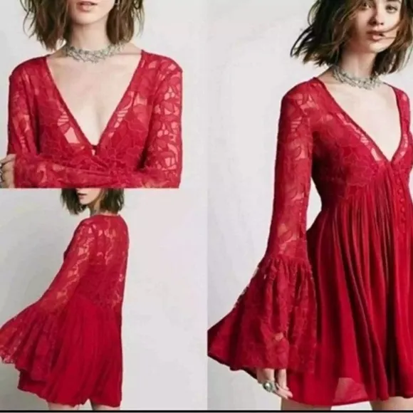 Free People Burgundy Lace Bell Sleeve Mini Dress With Slip - Image 2