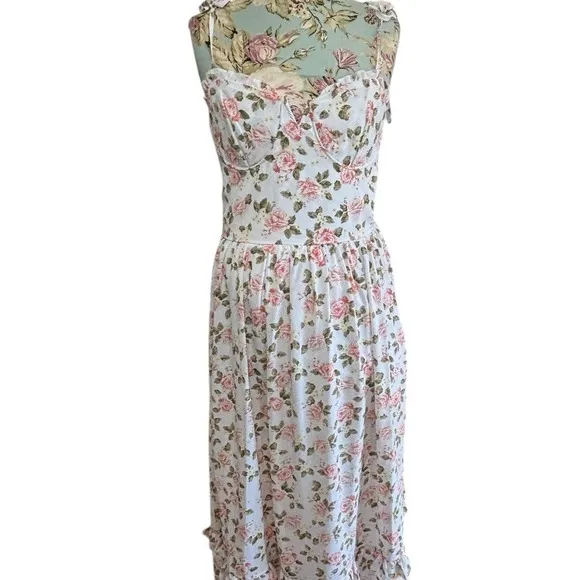 West of Melrose Floral‎ Print Maxi Dress Tiered Ruffle Milkmaid Cottage Sz M White Size M - Image 15