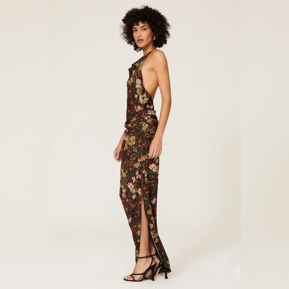 Amanda Uprichard Elektra Backless Gathered Side Slit Gown L Halter Maxi‎ Floral - Image 3