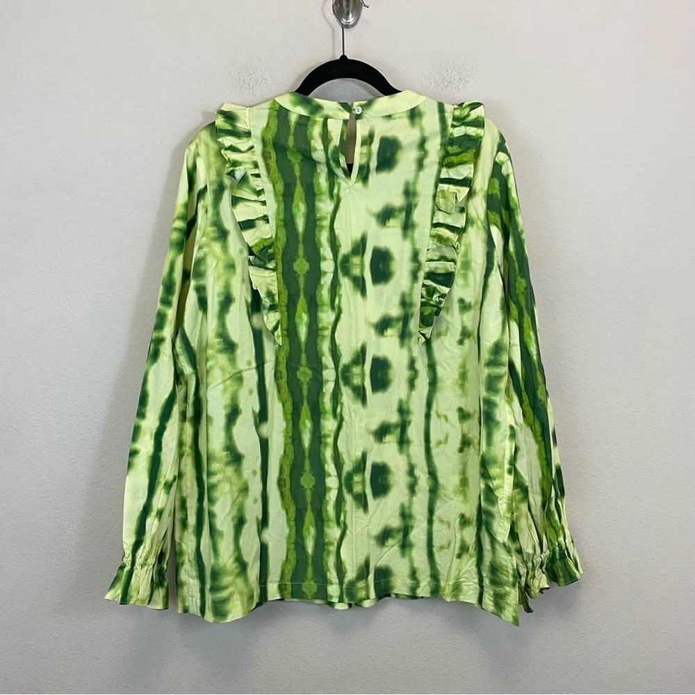 Anthropologie Samant‎ Chauhan Green Tie Dye Long Sleeve Ruffle Blouse Size L - Image 7