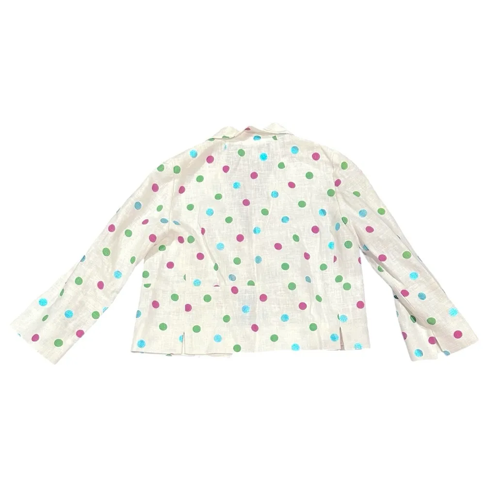 BIELLA COLLEZIONI LINEN MARIA LUISA B CROP POLKA DOT WHITE PINK BLUE BLAZER 42 Size 6 - Image 5