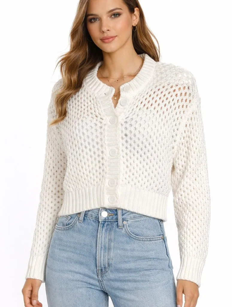 Miou Muse NEW White Crochet Button Front Cardigan Coquette Cottagecore Size S - Image 1