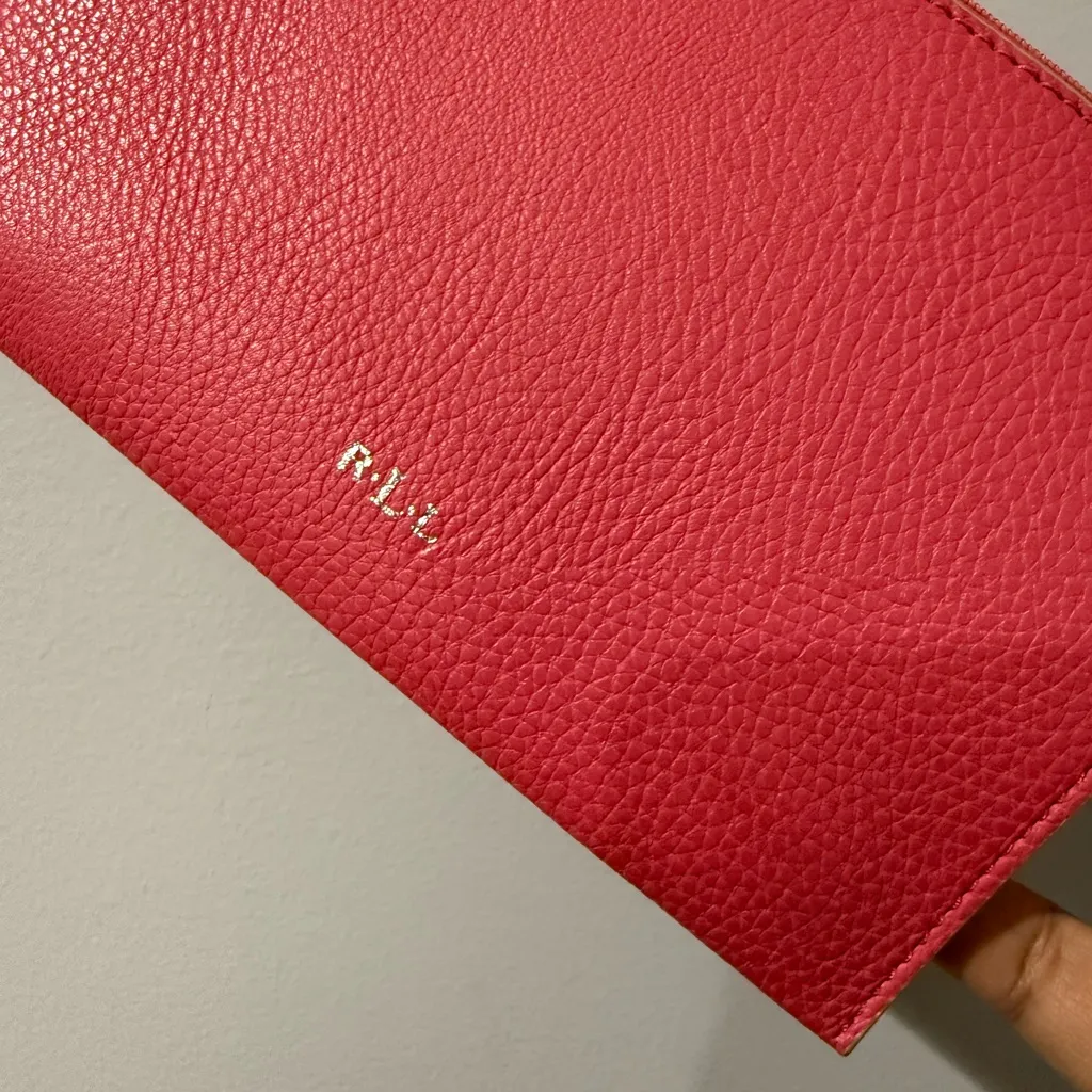 POLO RALPH‎ LAUREN PINK LEATHER ZIP CLOSURE WRISTLET POUCH BAG 8x5” I - Image 2