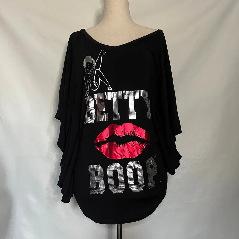 Universal Studios Betty Boop Women Top Sz M Y2K Off Shoulders Baddie Foil Lips Black Size M - Image 11