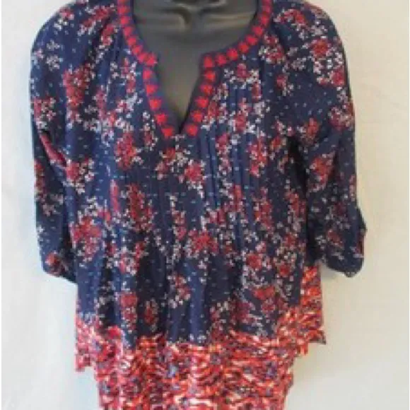 Vintage America Jolita Top V Neck 3/4 Roll Tab Sleeves Navy Print Size M Blue Size M - Image 7