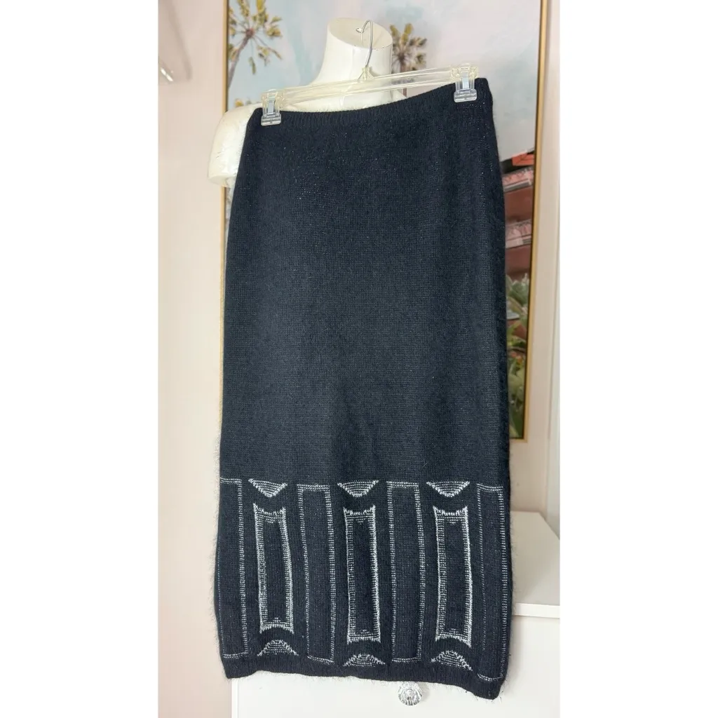 EREZ Black Silver Angora Rabbit Fur Lambswool Knit Midi Skirt Size Medium - Image 9