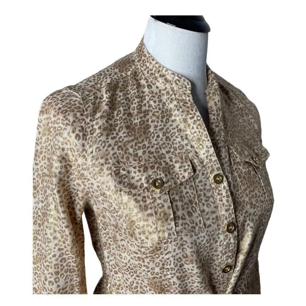 Charter Club Leopard Print Jacket Size S P Metallic Gold 100% Linen Top NEW - Image 6