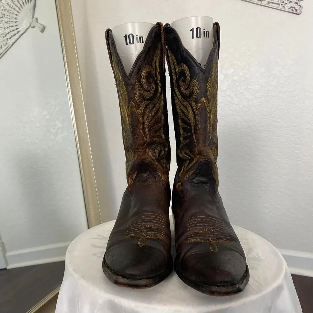J.B Dillon Vintage Brown Flame Embroidered Leather Western Cowboy Boots US 8 - Image 2