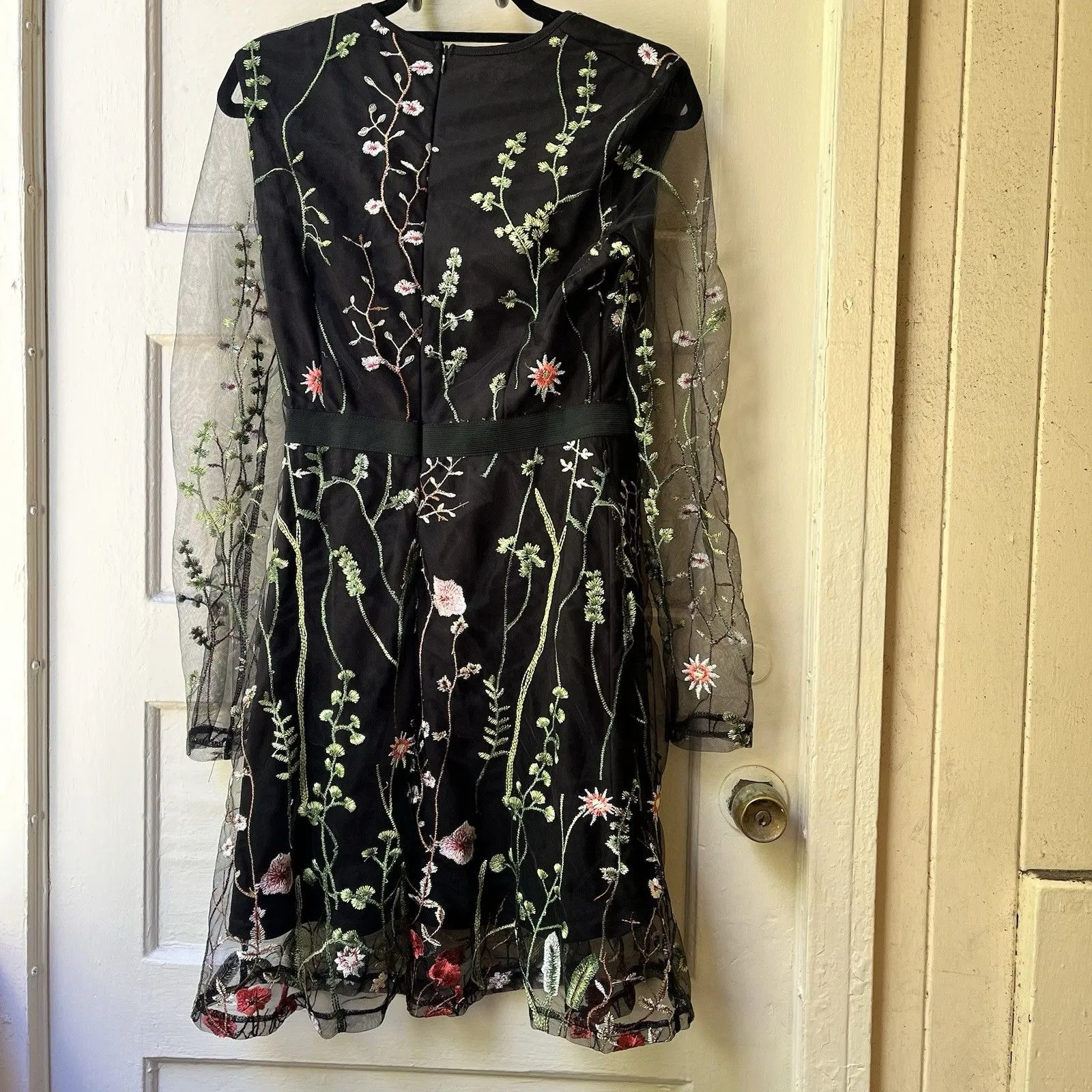 Whimsigoth Black Floral Embroidered Dress Size M Sheer Sleeves Dark Romantic - Image 5