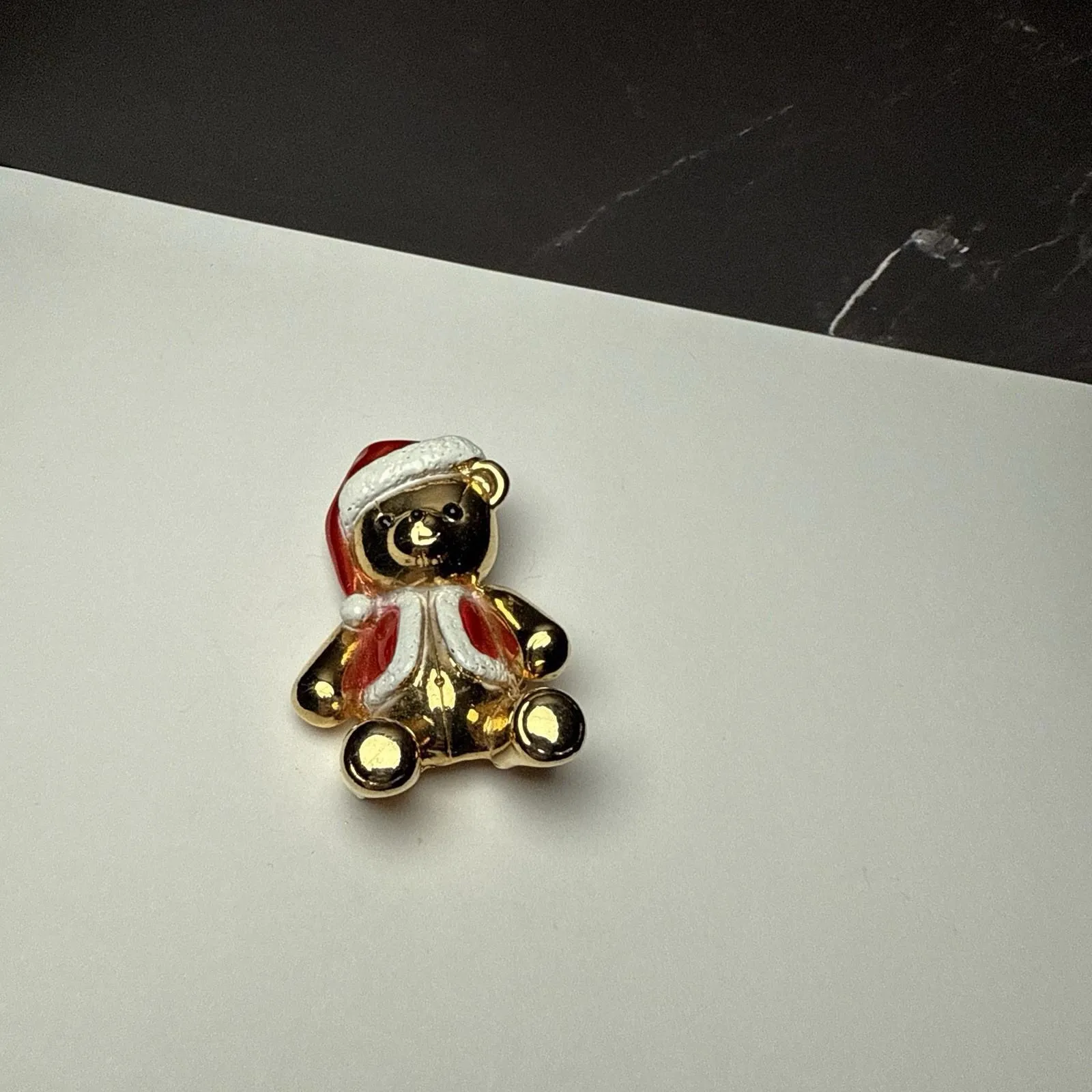 AJC Christmas Teddy Bear In Santa Clause Hat Enamel Brooch Pin Gold Tone Signed - Image 13
