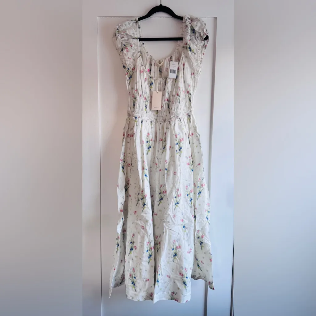 DOEN NWT Quinley Dress in Painted Bouquet Floral PuffSleeve Midi Dress L Large White - Image 6
