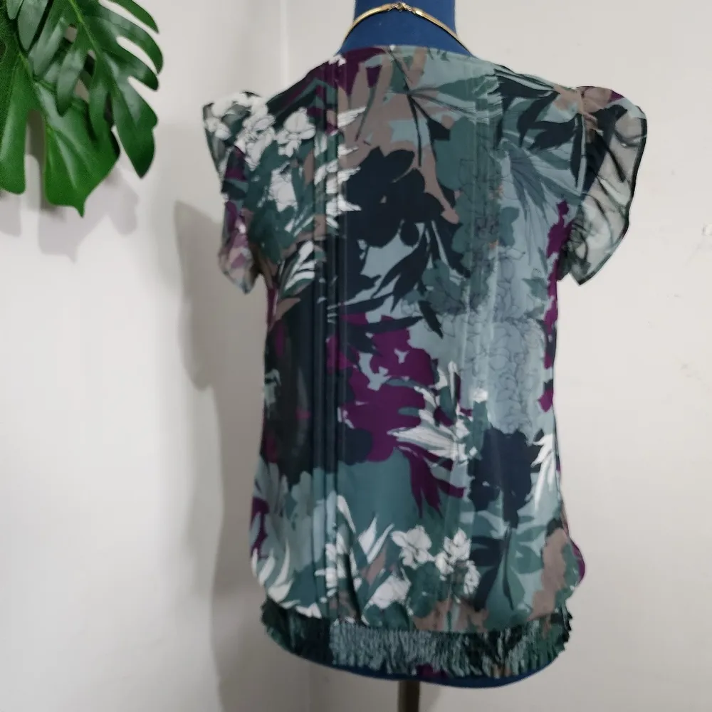 Express Sheer Green Floral Smocked Waist Blouse Top - Image 6