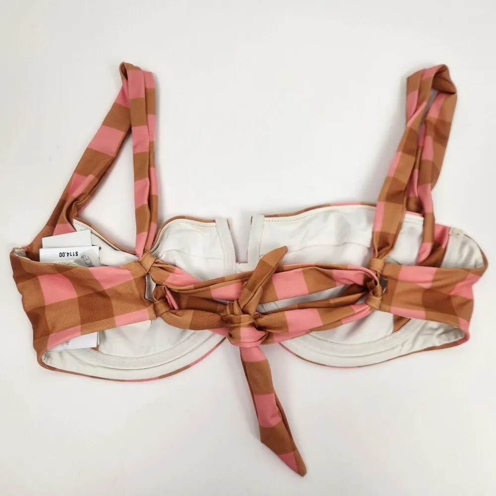 L*Space Camellia Bikini Top in Gingham Plaid Pink Brown Size DD NWT Underwire - Image 3