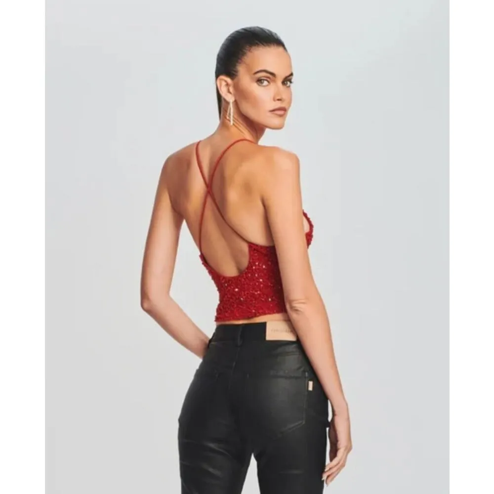 Retrofete Michal Sequin Top in Red Cowl Neck Size XXL Criss Cross Straps NWOT - Image 2