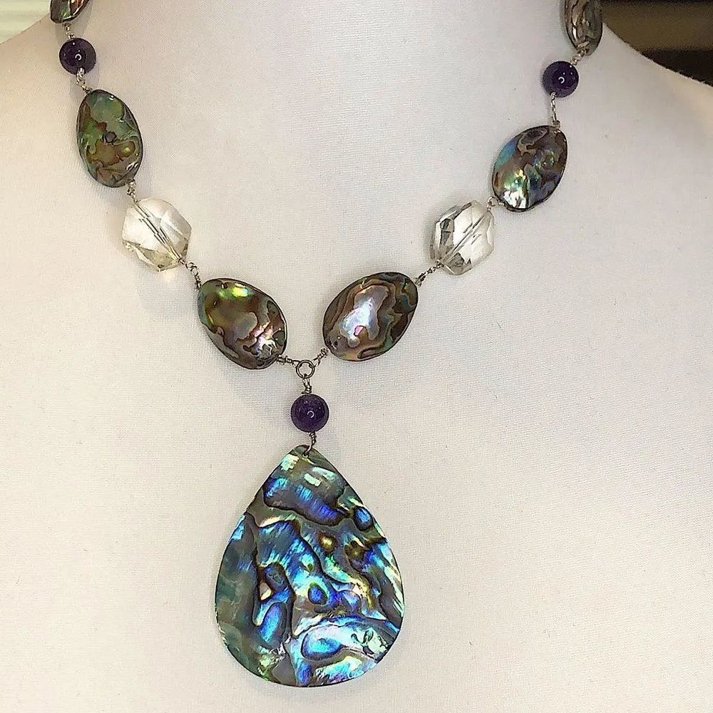 Vintage Abalone Amethyst Crystal Necklace with Abalone Teardrop Pendant - Image 14