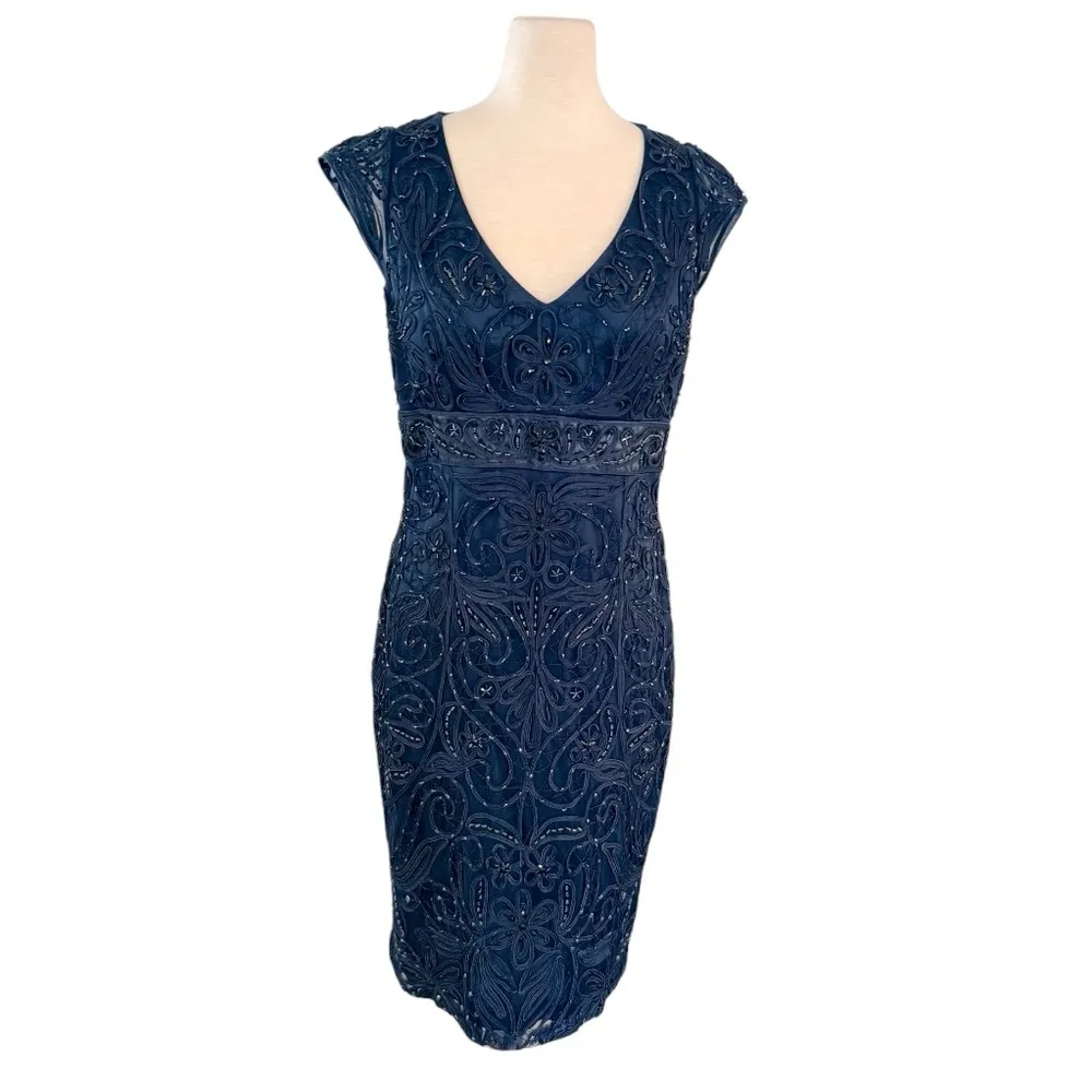 SUE WONG NOCTURNE Beaded Navy Blue Sleeveless Bodycon Dress Size 12 Y2K - Image 3