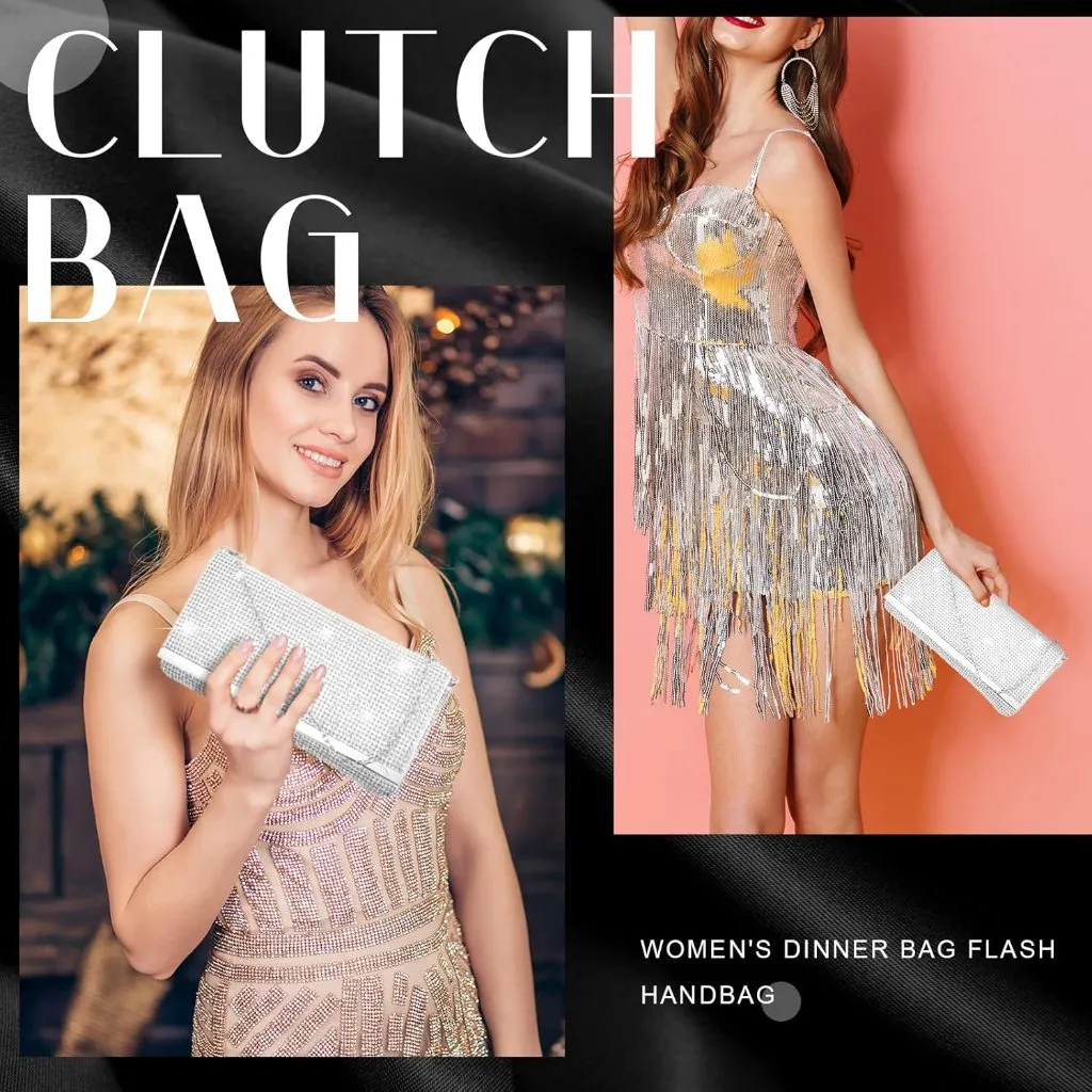 ⚡ Women's Glitter Pearls Evening Rhinestone Detachable Chain Clutch Bag Silver - Image 5