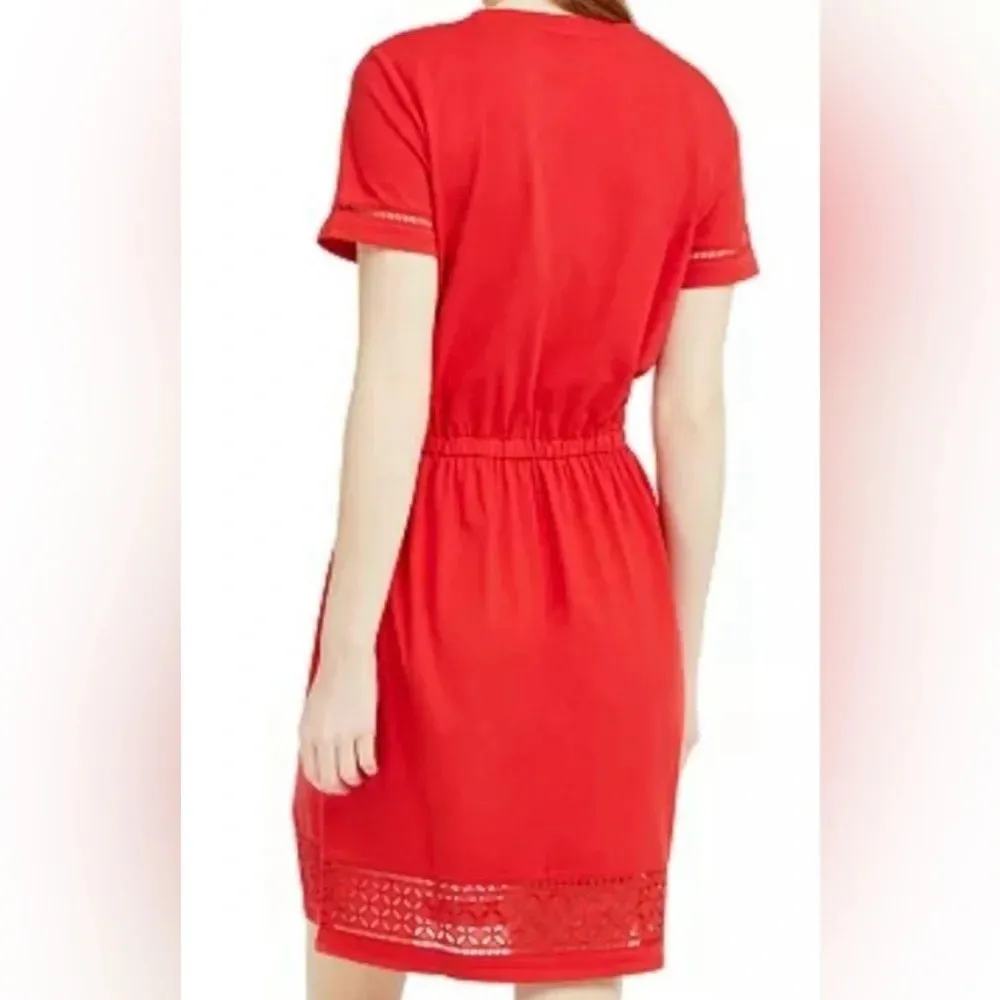 drawstring-waist eyelet trim red dress, Size: XL - Image 2