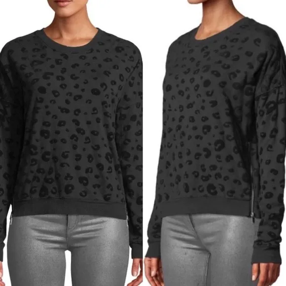 Marlo Black Flocked Leopard Crewneck Side Zip Sweatshirt - Image 2