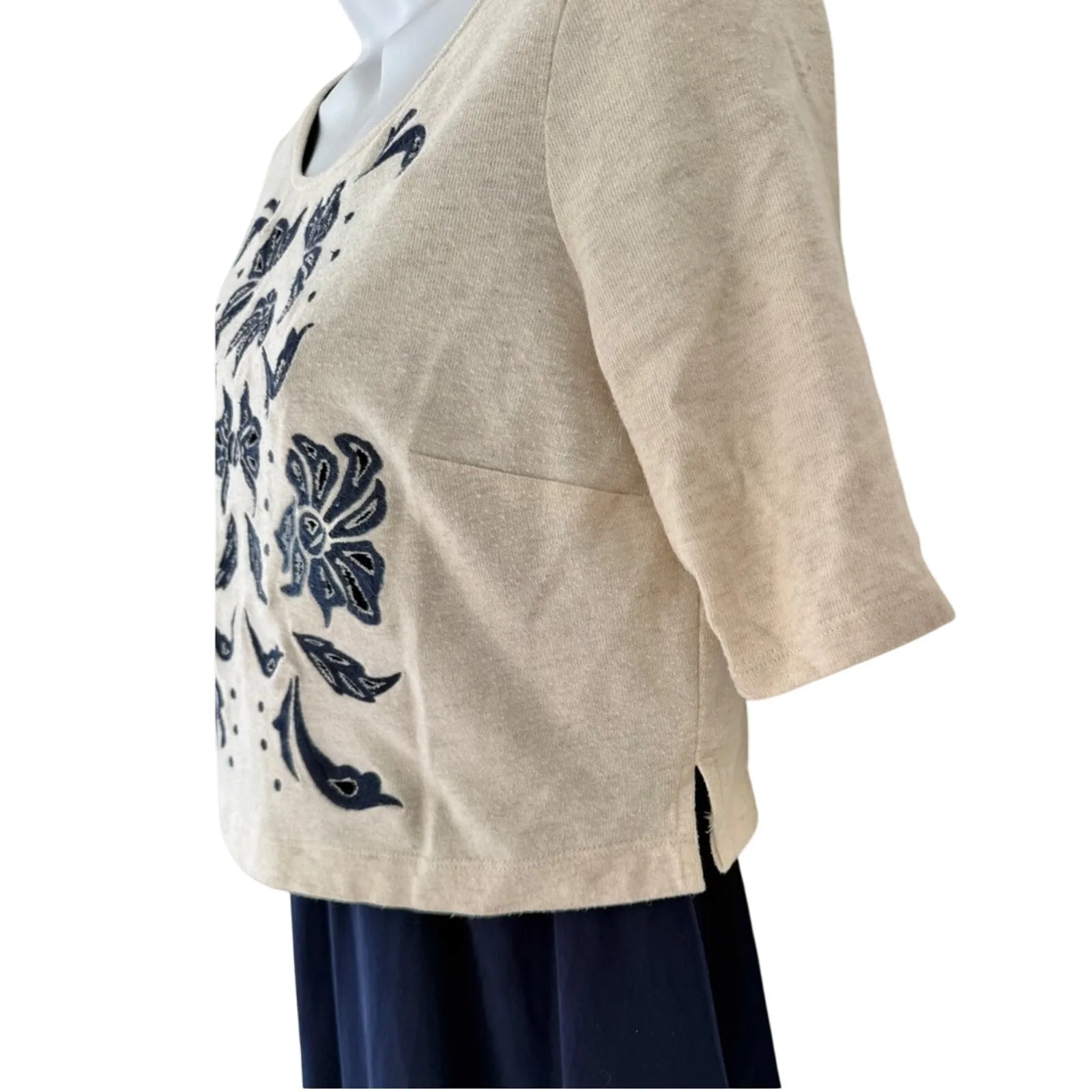 Lilka Cream Navy Blue Short Sleeve Embroidered Cutout Flower Mini Dress Size XS - Image 11