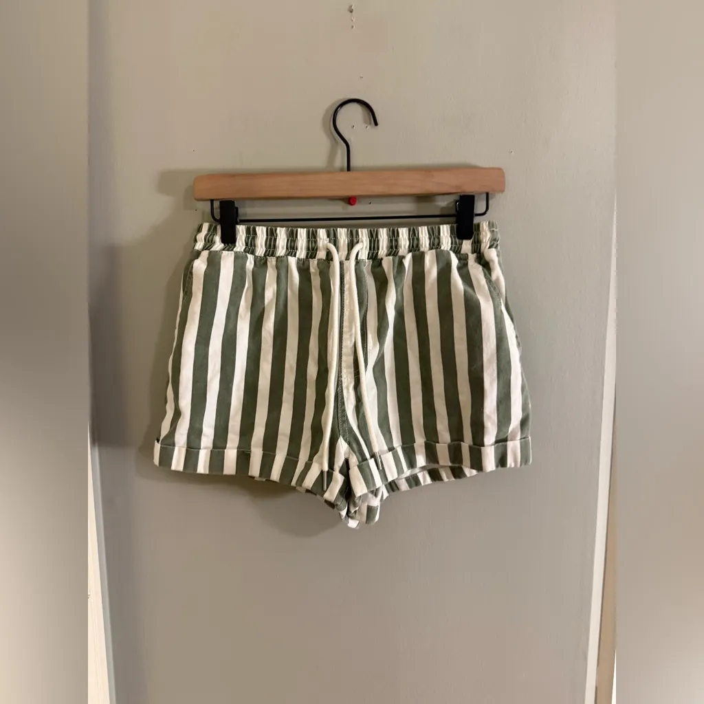 Forever 21 Green & White Striped Cotton Shorts Elastic Waist M - Image 8