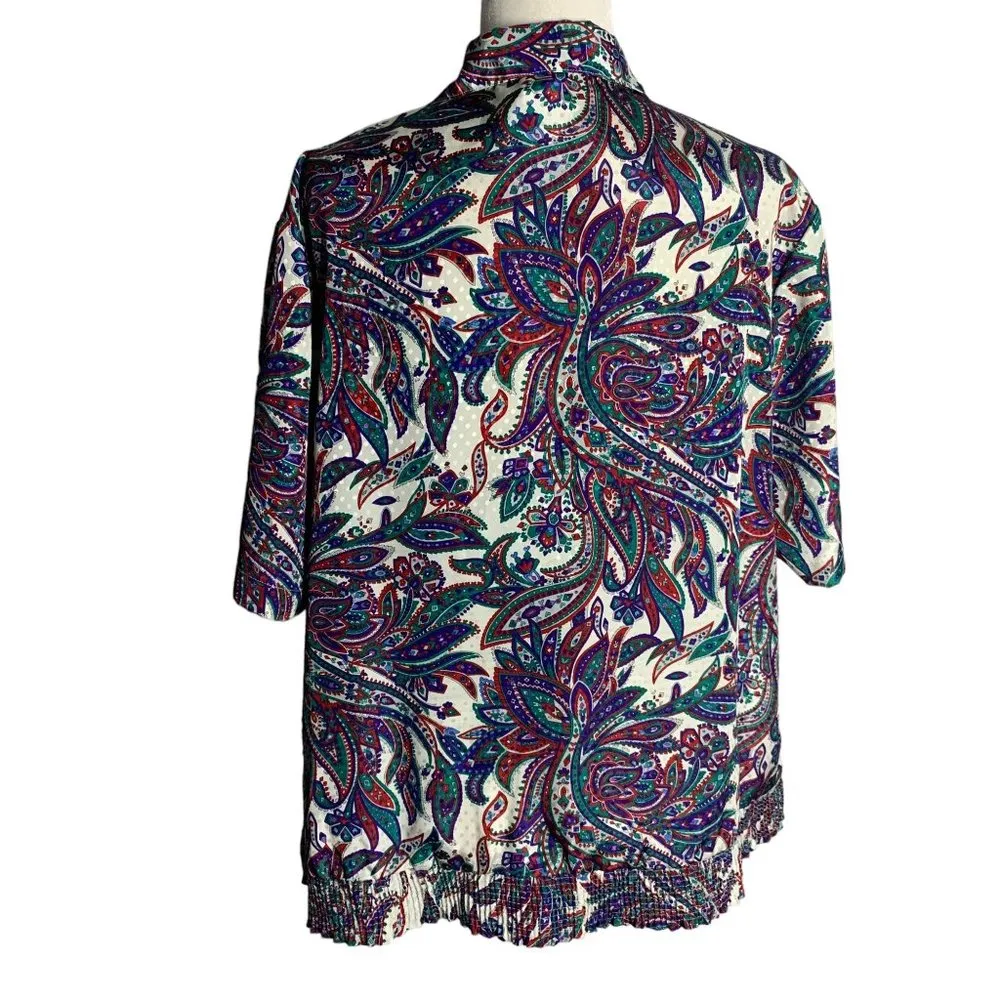 Vintage Paisley Pullover Top XL White Buttons Collar Elastic Waist Short Sleeves - Image 4