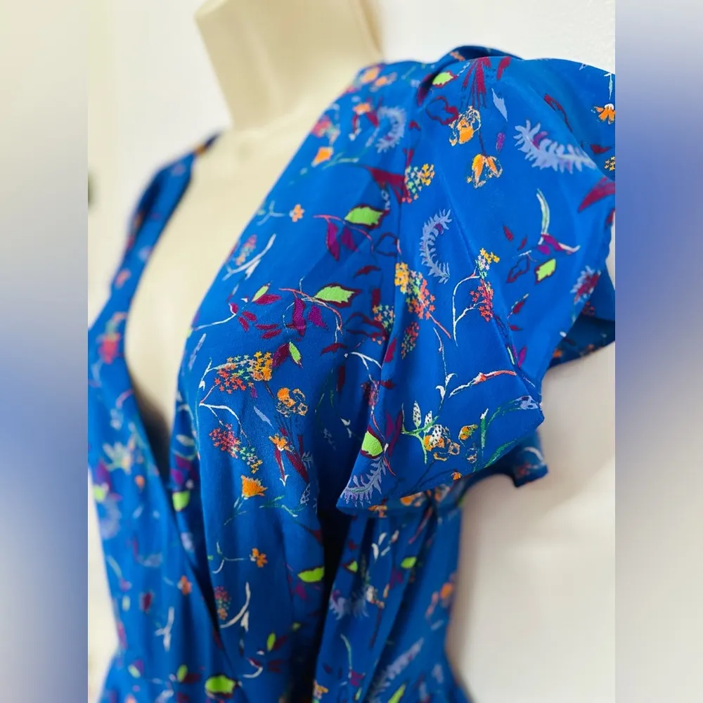 Tanya Taylor Womens  Madelina  Silk Wrap Dress Size 8 Blue Floral Print Ruffles - Image 8