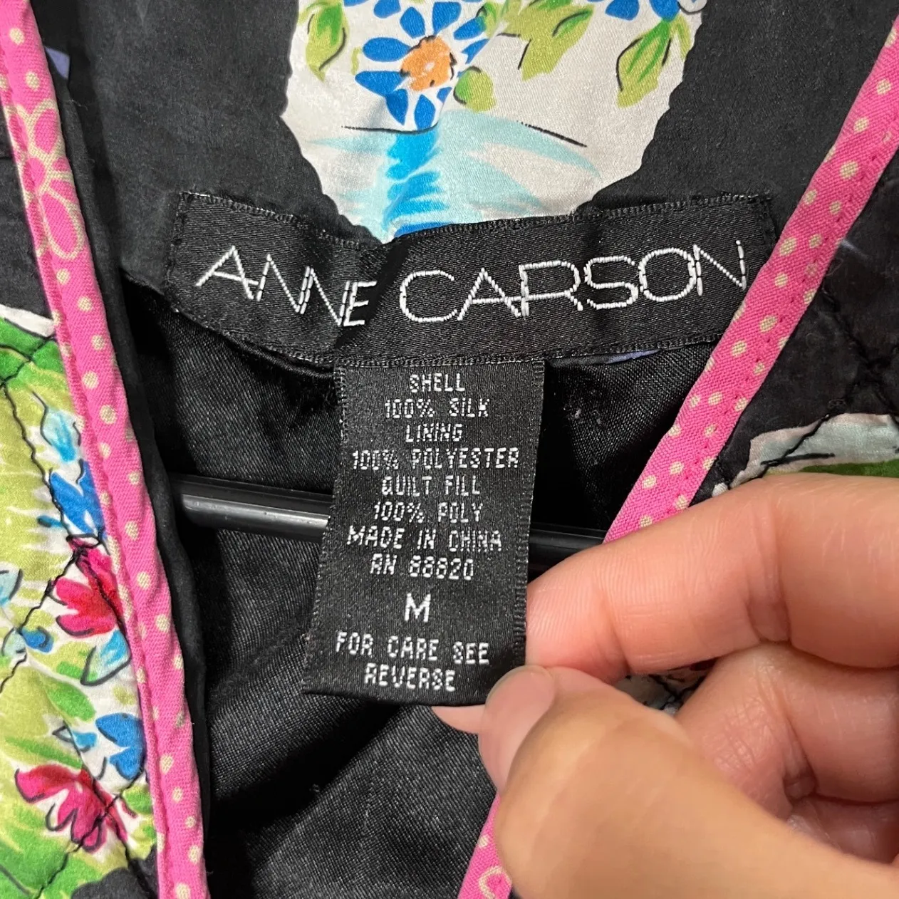 Anne Carson Quilted Lantern Print Kimono Jacket Black Pink Silk Blend Size M - Image 5