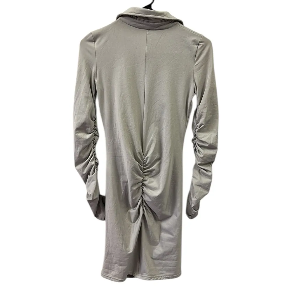 Gray Long Sleeve Ruched Full Button Up Pointy Collar Mini Dress Womens Small - Image 9