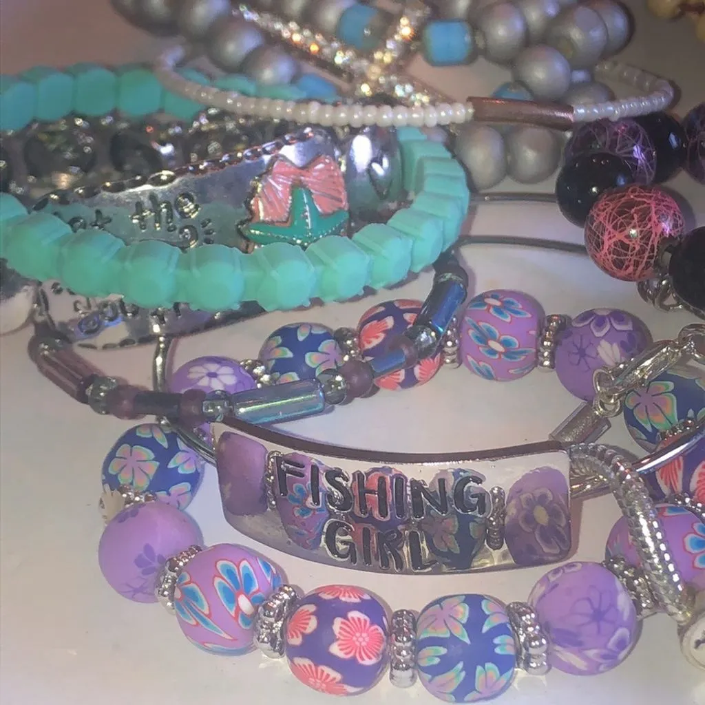 Lot of 10 Multi Color Purple Glass Beaded CZ Rhinestone Boho Stretchy Bracelets - Image 4